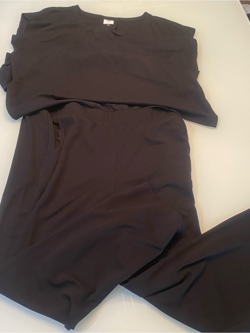 Cabi Easygoing Jumpsuit Black Knit Wide Leg Short Sleeve Easy On Pockets Large L